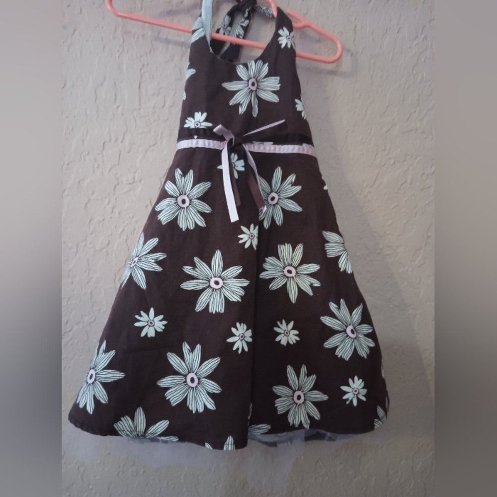 Kids headquarters brown floral halter dress with tulle pink lining size 3t
